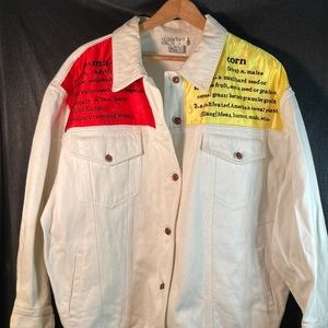 Vintage‎ 80’s white jean embellished jacket. Vegetable theme “cedars” size L